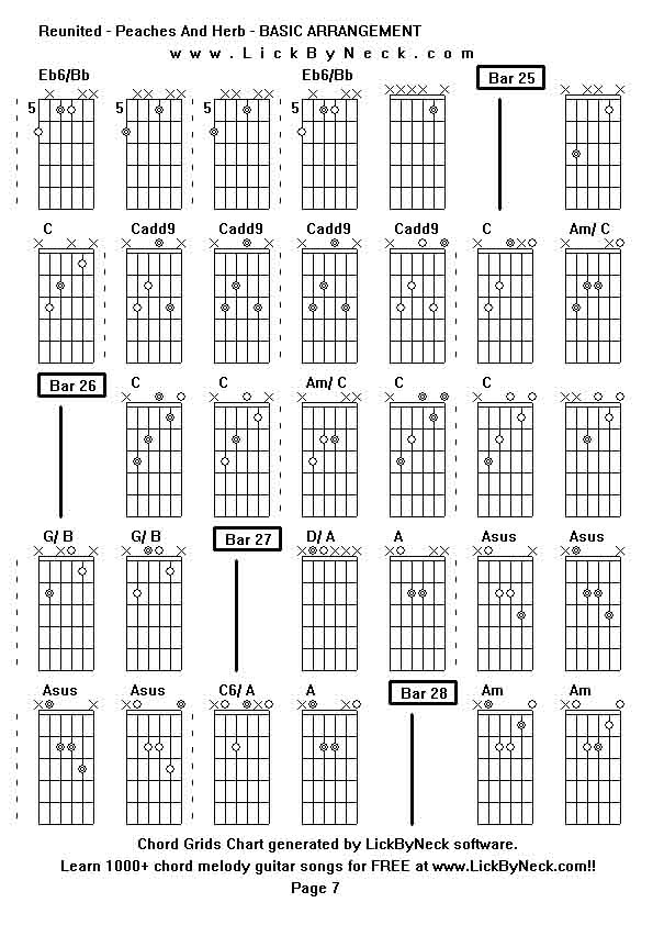 Chord Grids Chart of chord melody fingerstyle guitar song-Reunited - Peaches And Herb - BASIC ARRANGEMENT,generated by LickByNeck software.